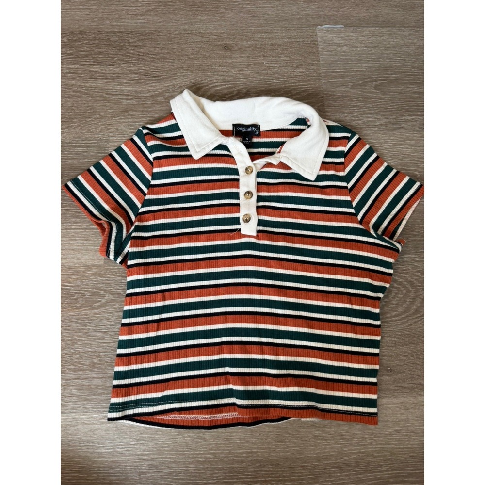 Originality Preppy Collared Multicolored Striped Crop Top Womens Small 90s Style